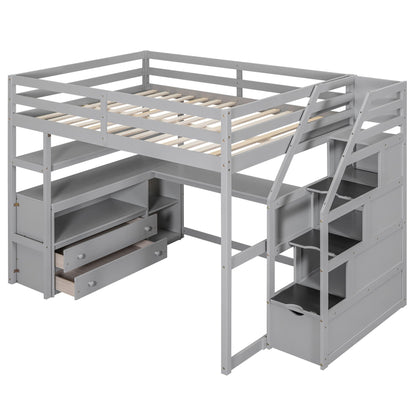 Gray wooden loft bed with desk, shelves, two drawers and storage staircase by HouseOfZazla on Tampa Home & Garden Store