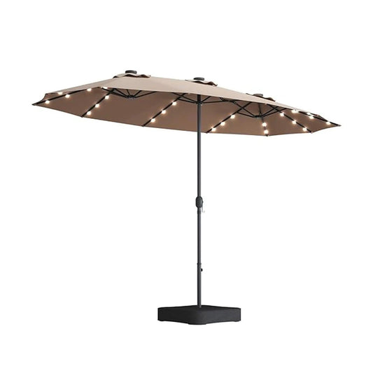Double-sided outdoor market umbrella with lights, beige, black base Unique Piece Furniture on Tampa Home & Garden Store