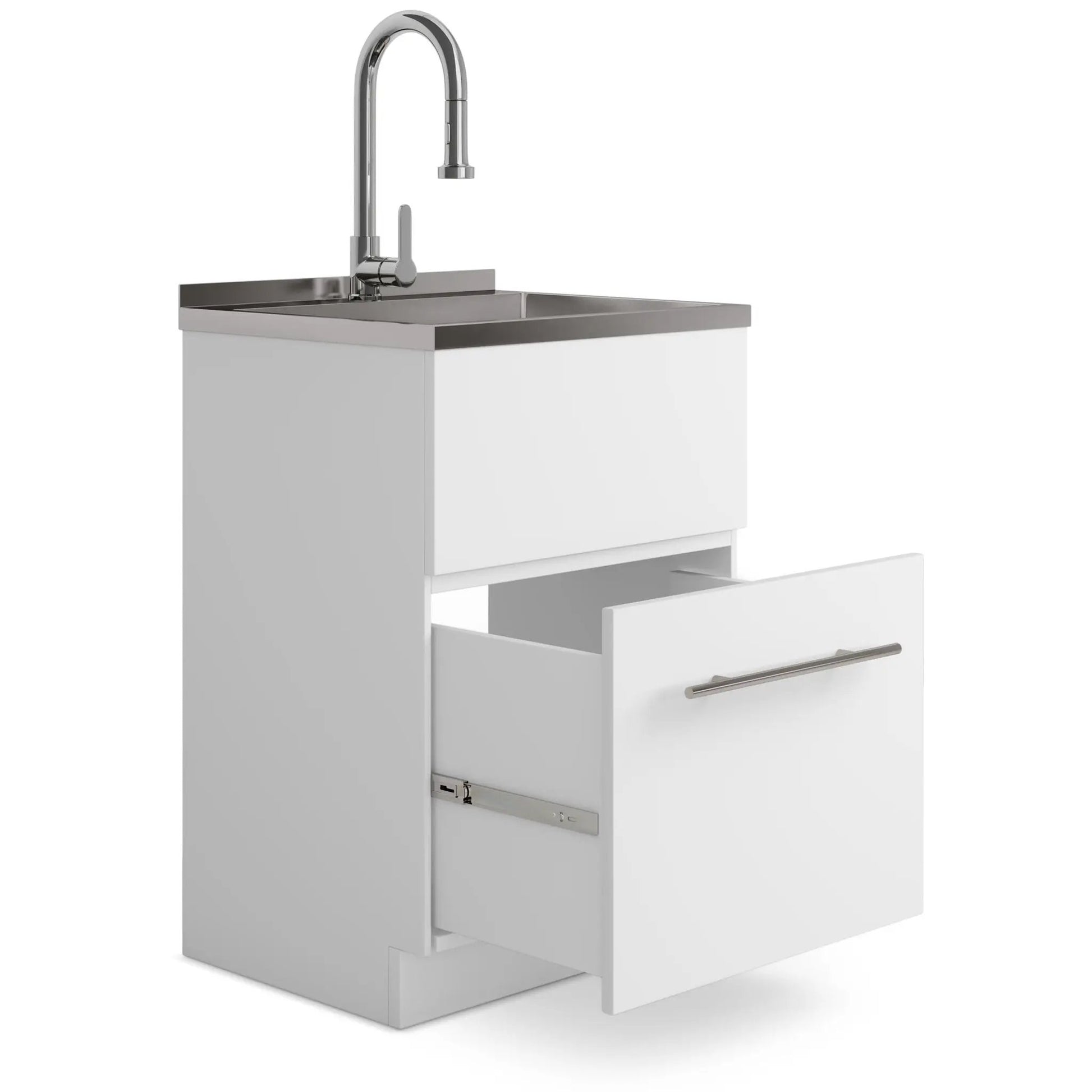 Metro laundry cabinet with chrome gooseneck faucet and stainless sink atop a white cabinet on Tampa Home & Garden Store