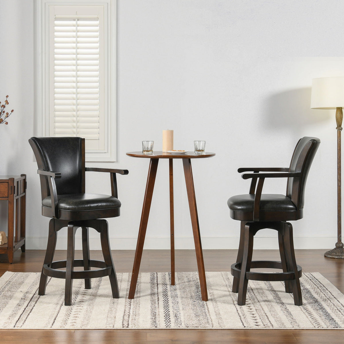 Swivel counter-height bar stool with high backrest in solid hardwood around a round wooden table on Tampa Home & Garden Store