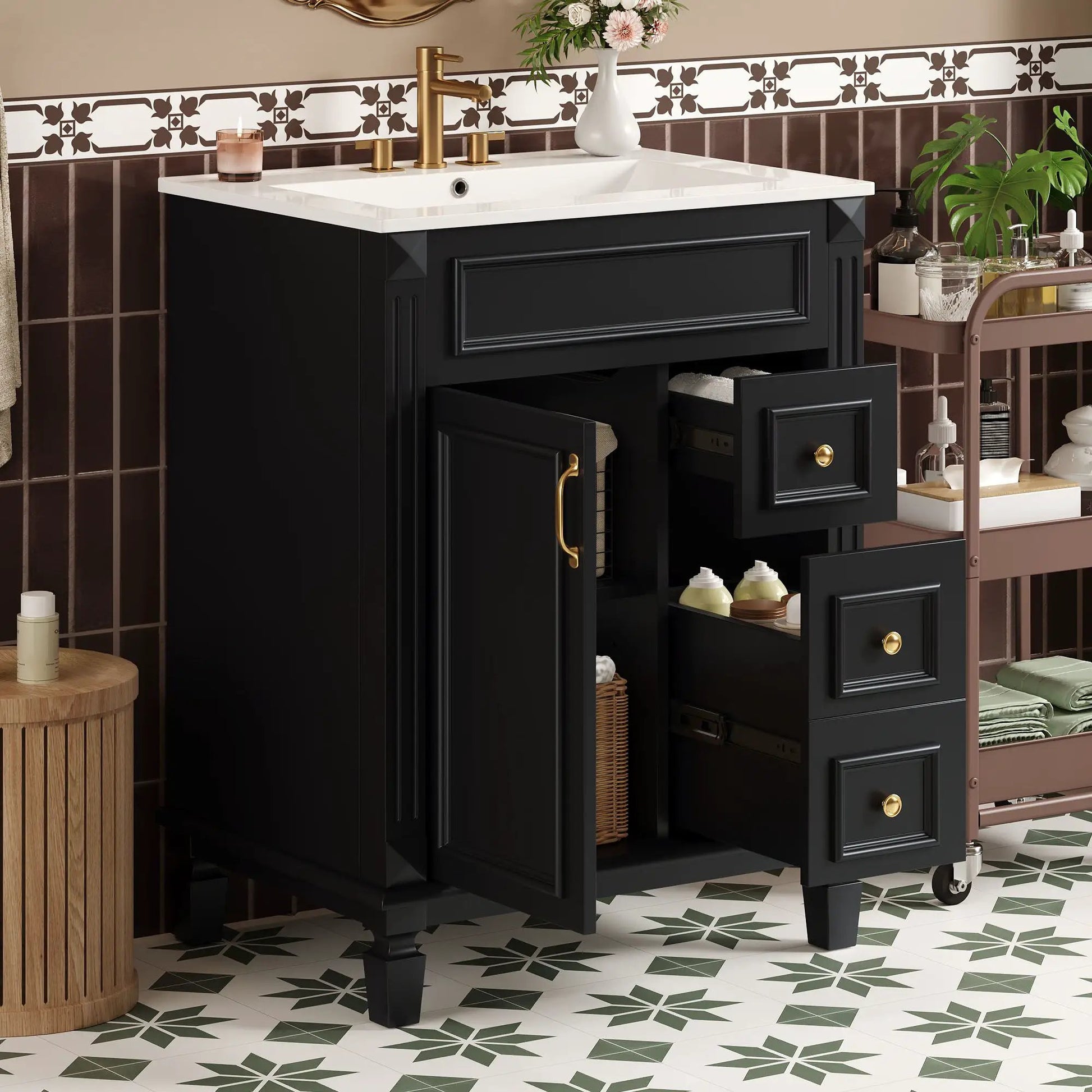 Bathroom vanity with sink, white top, 2 drawers, brass faucet, Unique Piece Furniture on Tampa Home & Garden Store