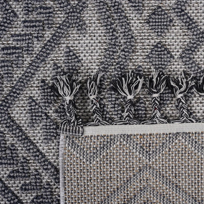 Guros traditional indoor outdoor area rug navy gray textured weave with fringe pattern on Tampa Home & Garden Store