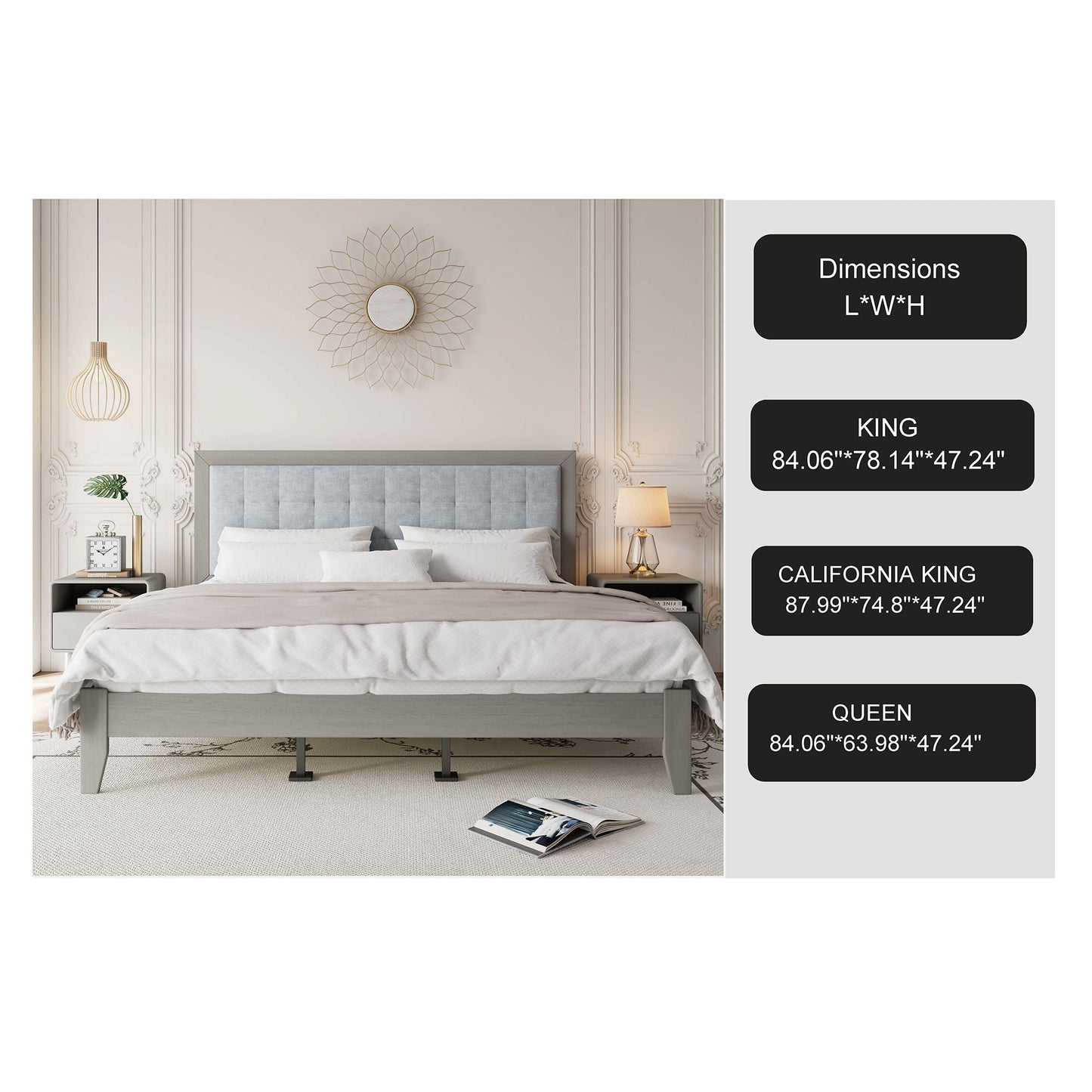 Mid century modern platform bed with gray upholstered headboard in a paneled bedroom on Tampa Home & Garden Store
