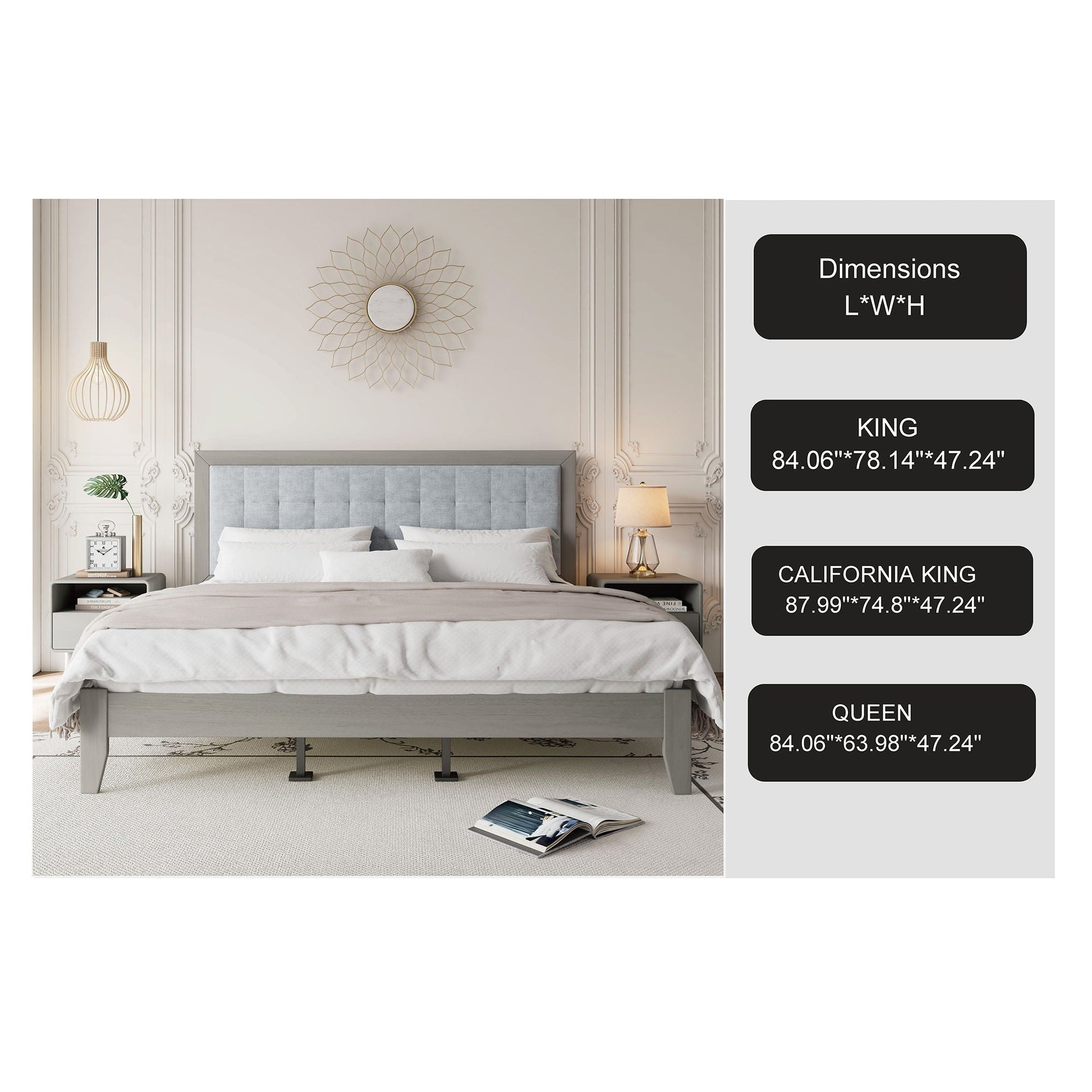 Mid century modern platform bed with gray upholstered headboard in a paneled bedroom on Tampa Home & Garden Store