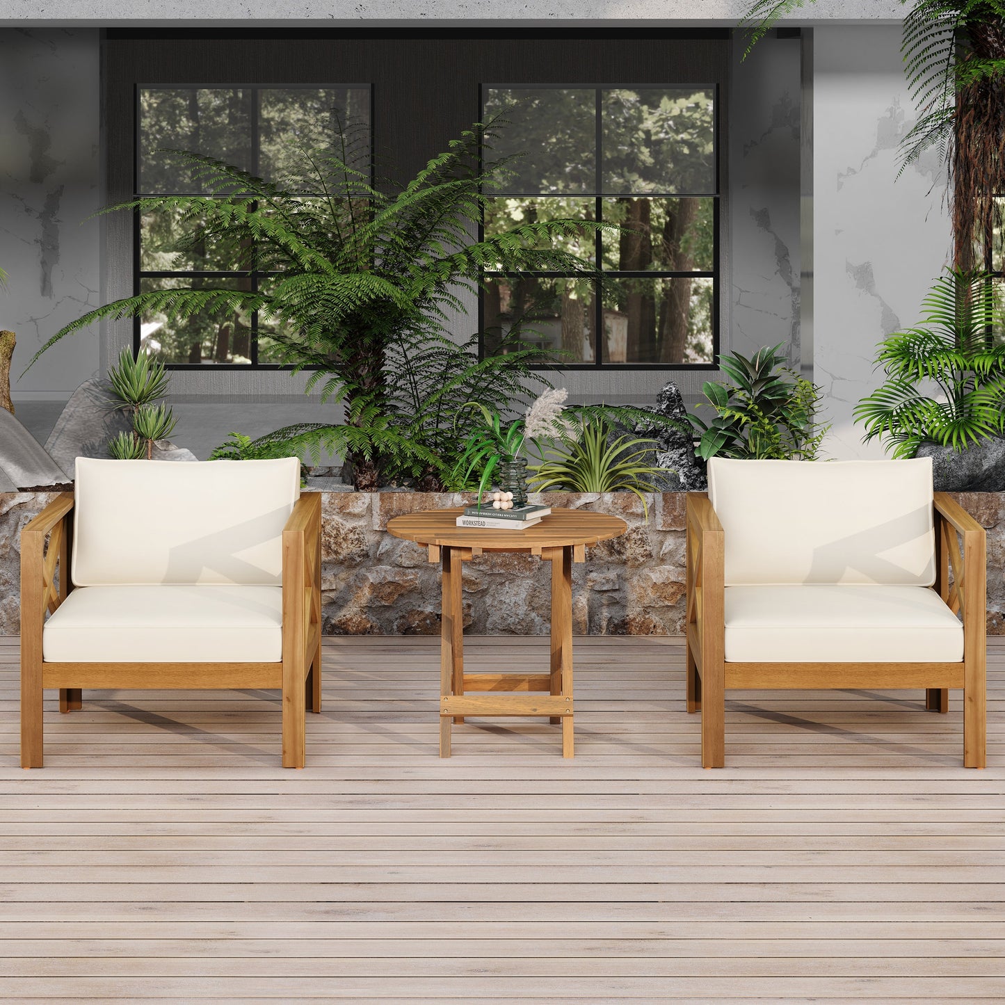 Patio conversation set with two acacia wood chairs in white cushions and a foldable acacia wood side table HouseOfZazla on Tampa Home & Garden Store