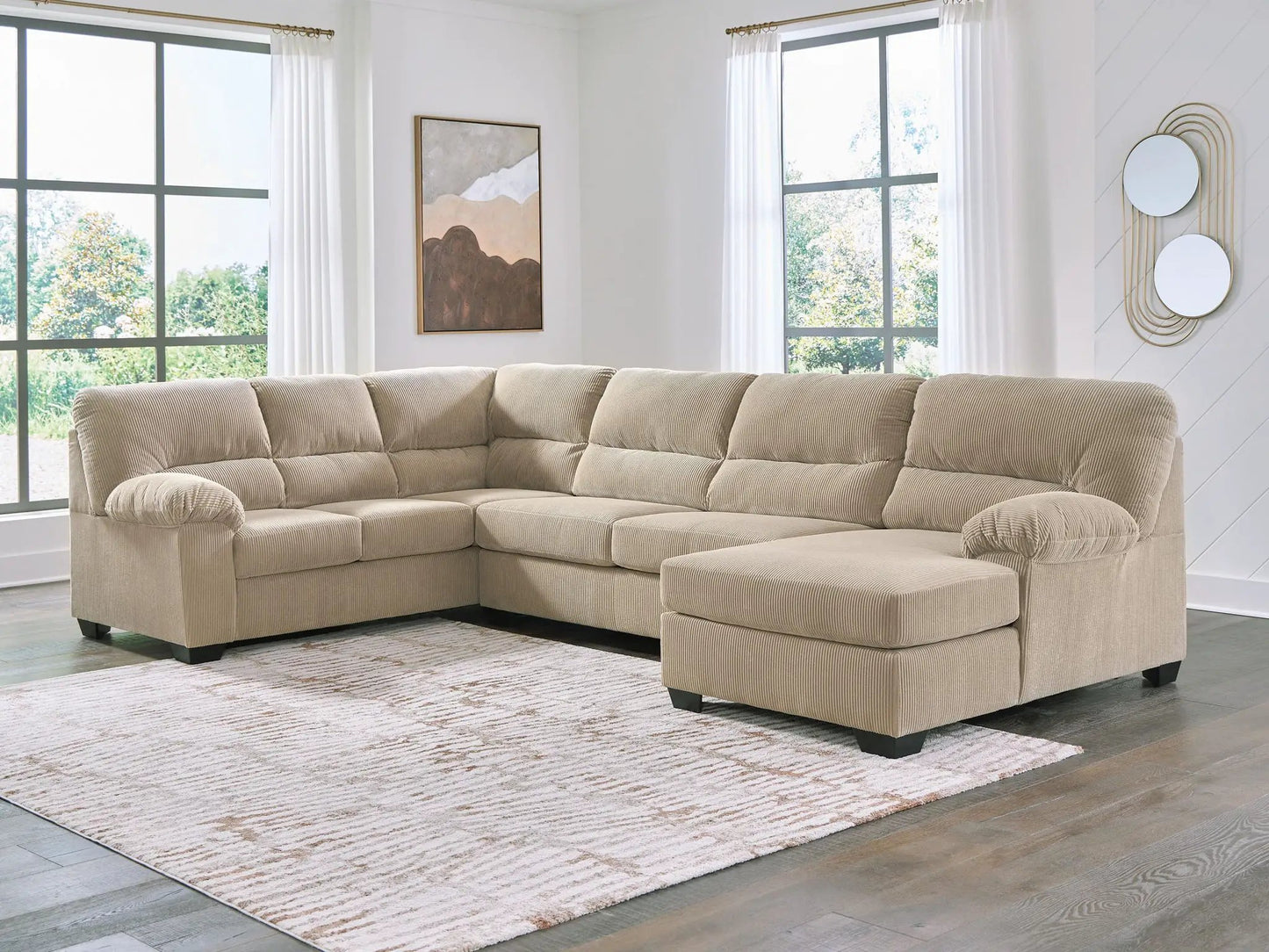 SimpleJoy Sectional by Unique Piece Furniture in beige corduroy with chaise, stationary sofa on Tampa Home & Garden Store
