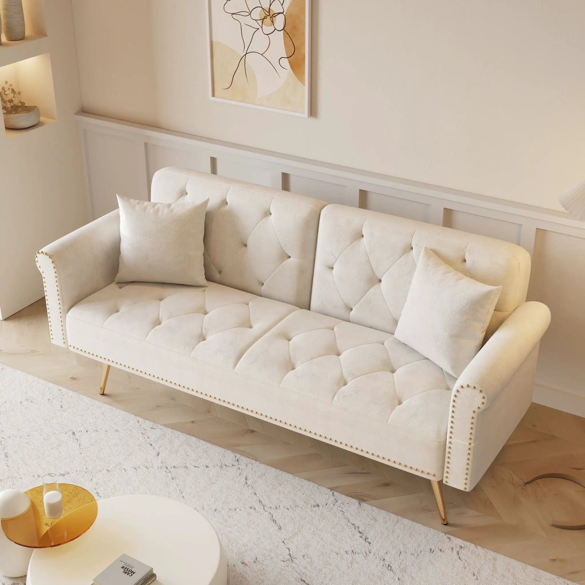 Luxurious cream sofa bed with nailhead trim and matching pillows by Unique Piece on Tampa Home & Garden Store