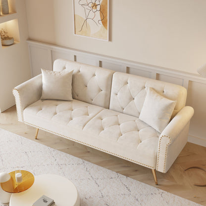 Velvet sofa bed by HouseOfZazla with nail head trim, cream color, matching pillows futon on Tampa Home & Garden Store
