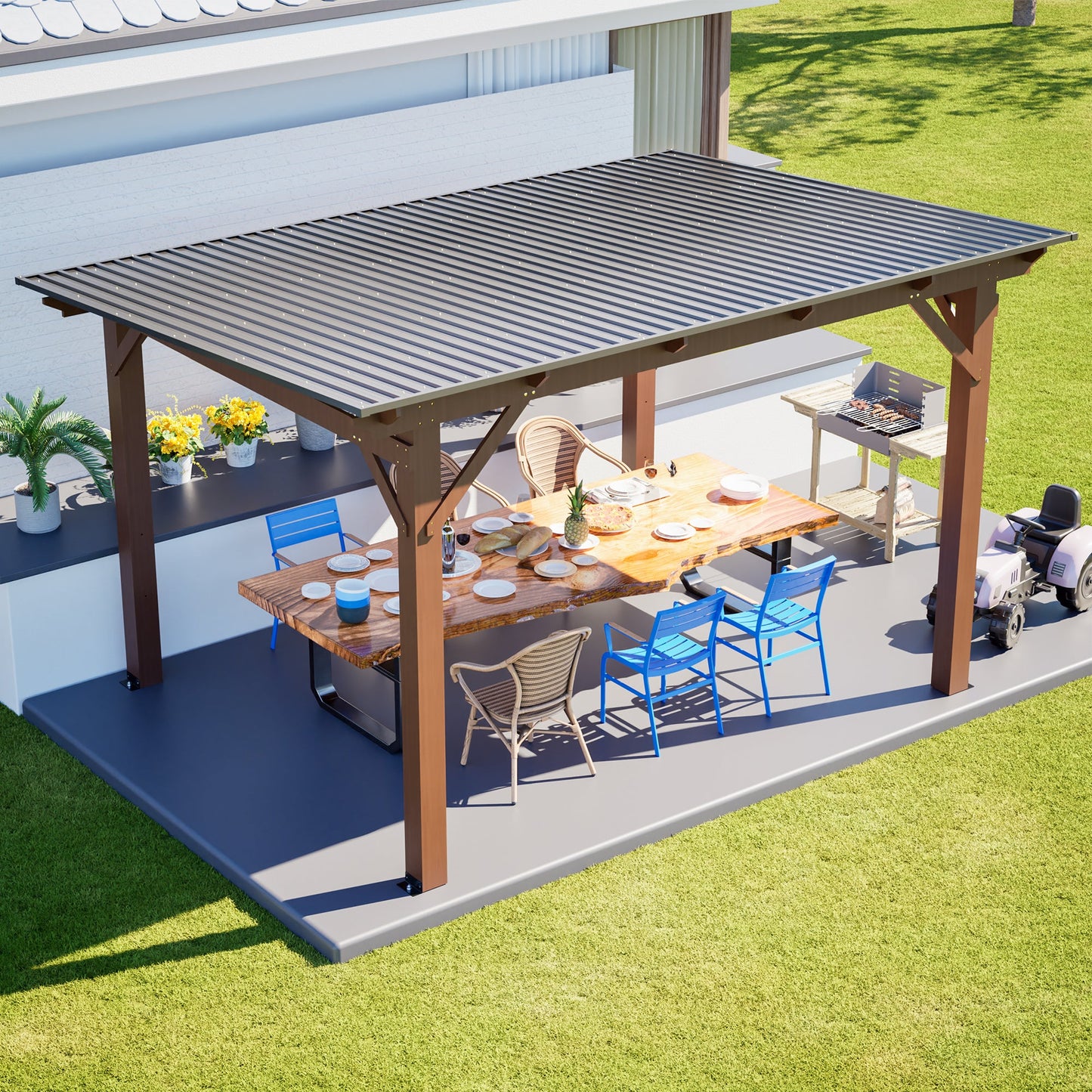 13x10ft wooden gazebo with metal roof over patio dining table and chairs brown timber frame on Tampa Home & Garden Store