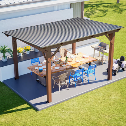 13x10ft wooden gazebo with metal roof over patio dining table and chairs brown timber frame on Tampa Home & Garden Store