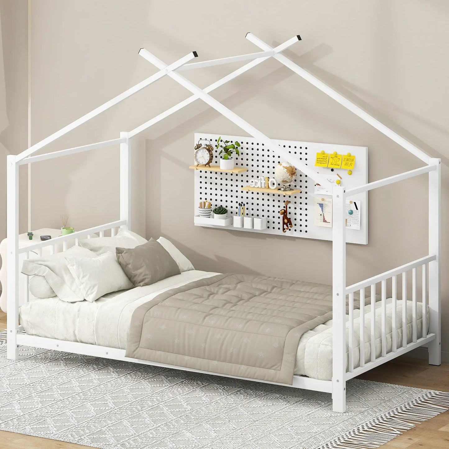 White metal canopy bed frame with modern cross-brace design by Unique Piece Furniture on Tampa Home & Garden Store