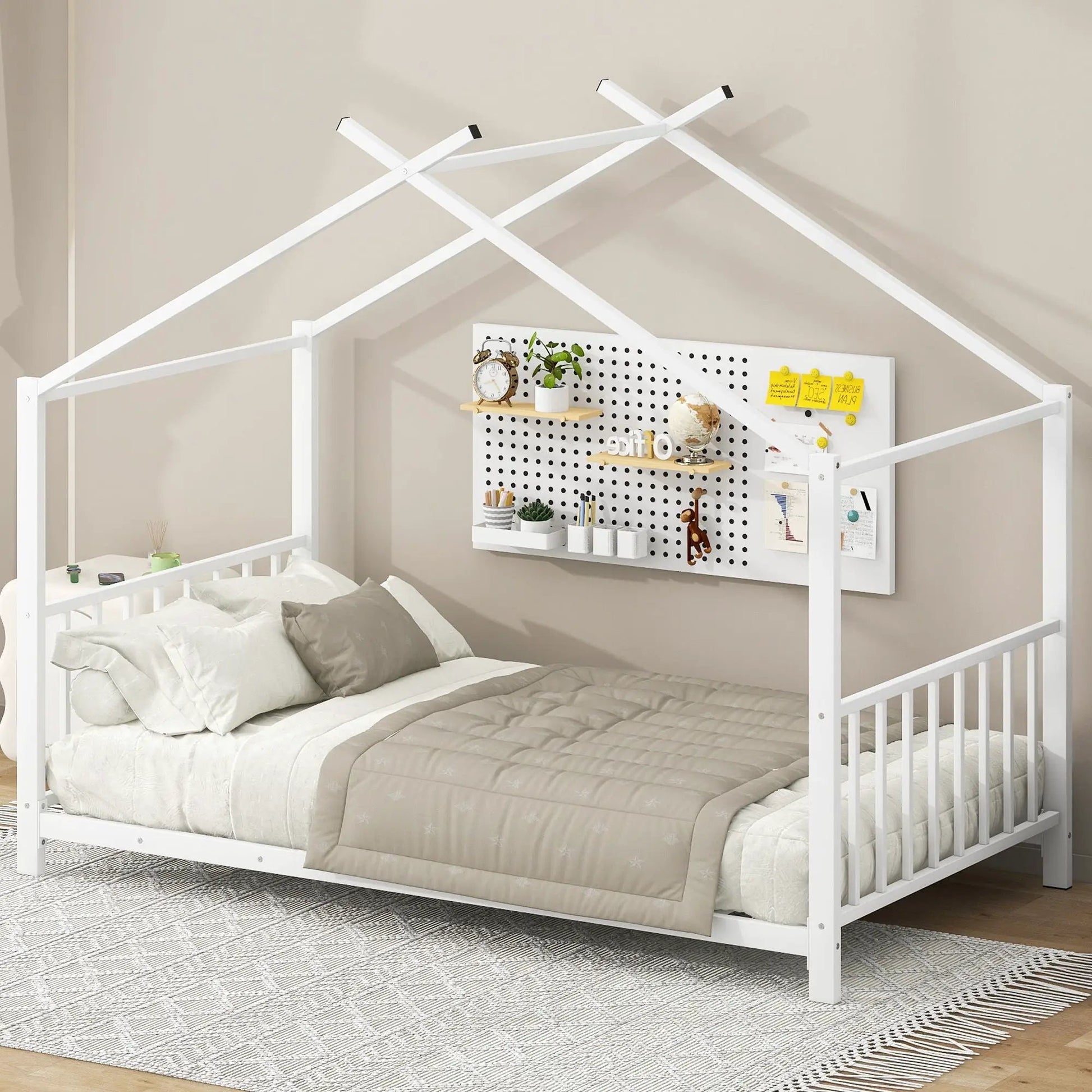 White metal canopy bed frame with modern cross-brace design by Unique Piece Furniture on Tampa Home & Garden Store
