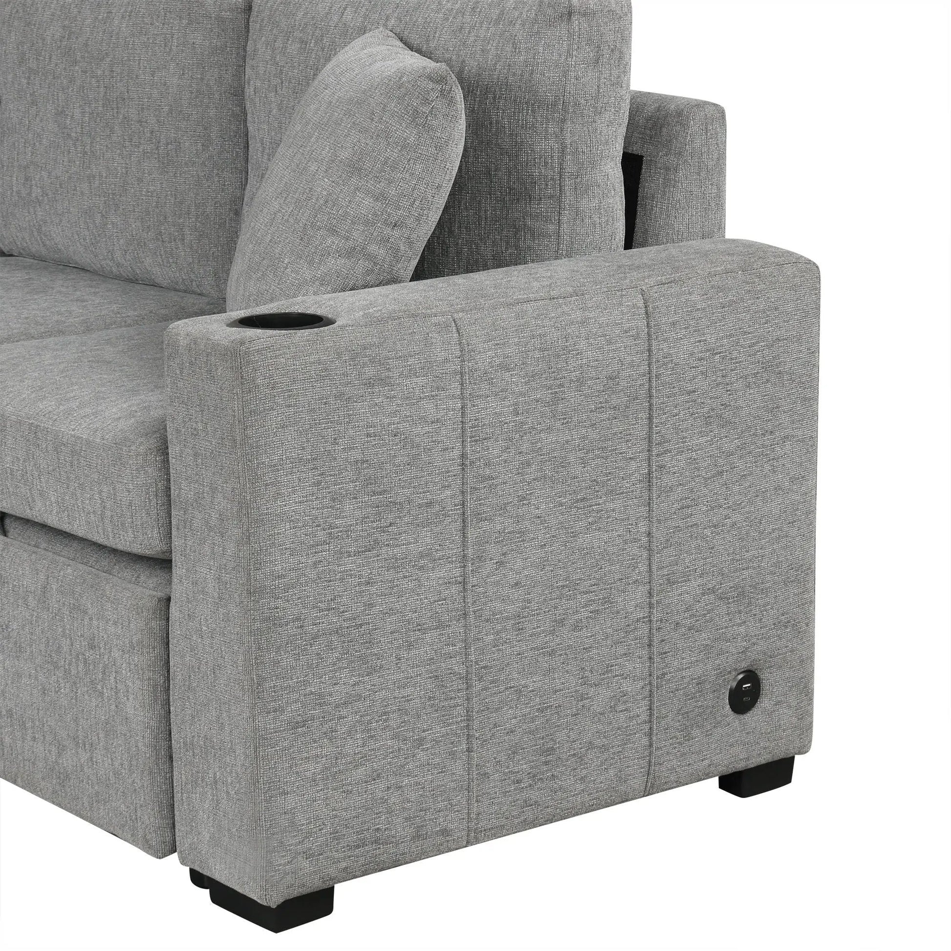 Single pull-out sofa bed sleeper chair in grey textured fabric with cup holder in armrest on Tampa Home & Garden Store