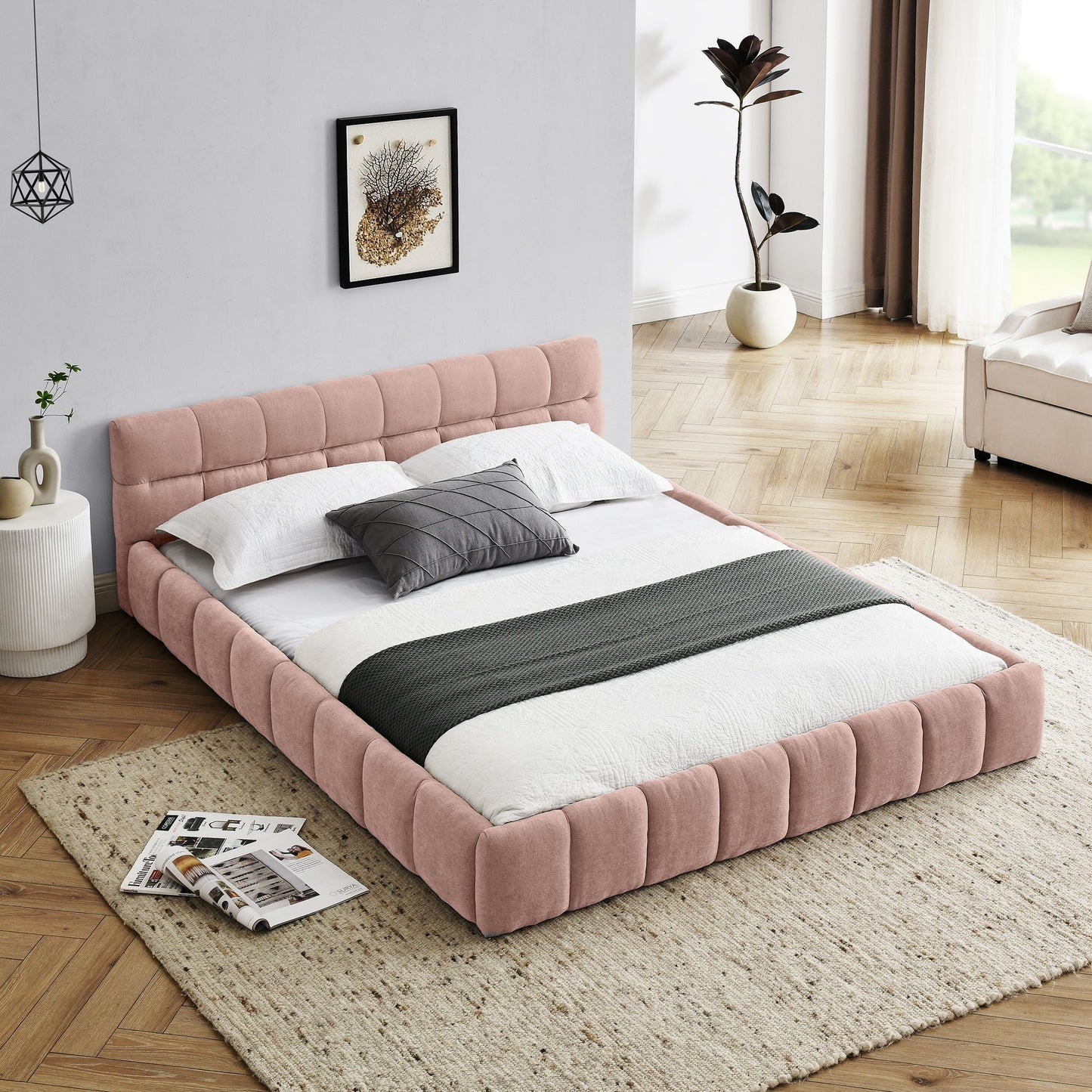 Modern Platform Bed and Thick Fabric Headboard