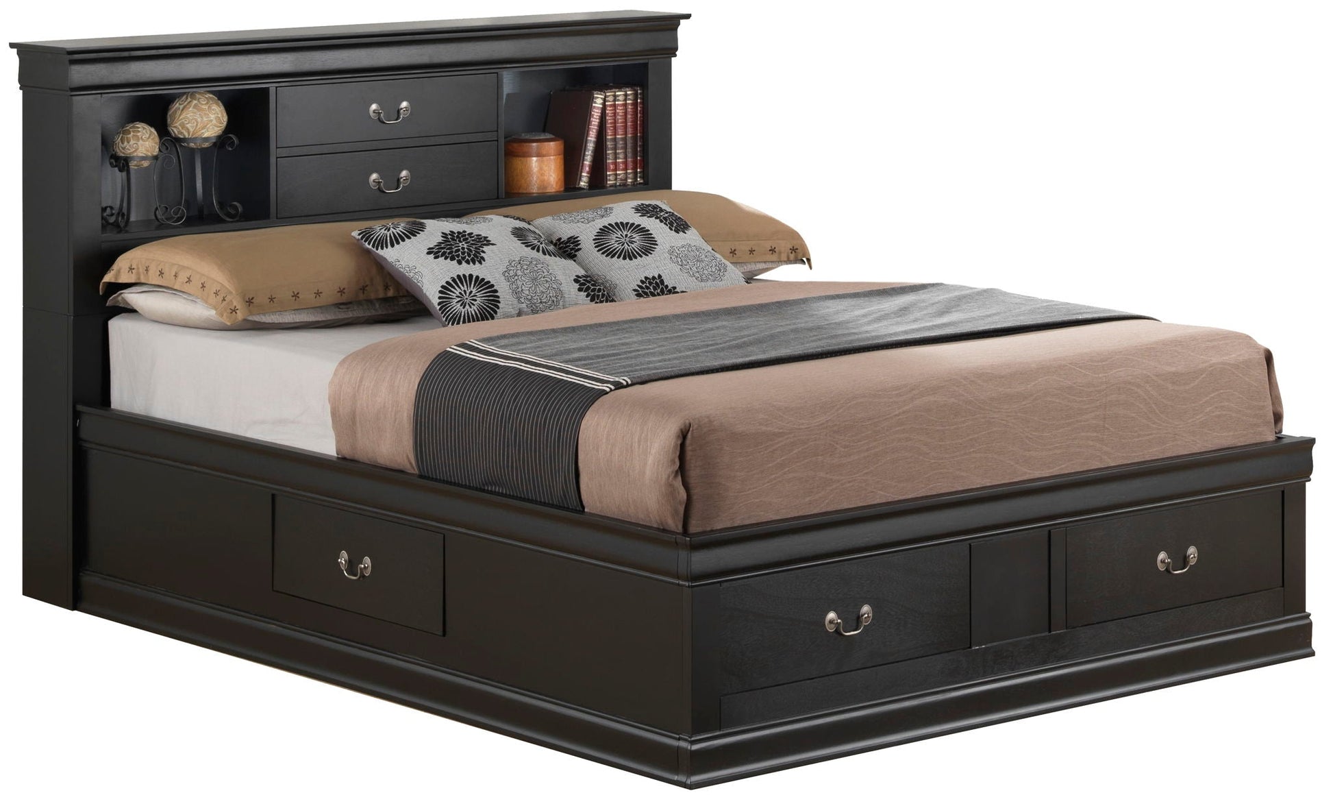 Traditional Style Bookcase Storage Bed black finish with headboard shelves HouseOfZazla on Tampa Home & Garden Store