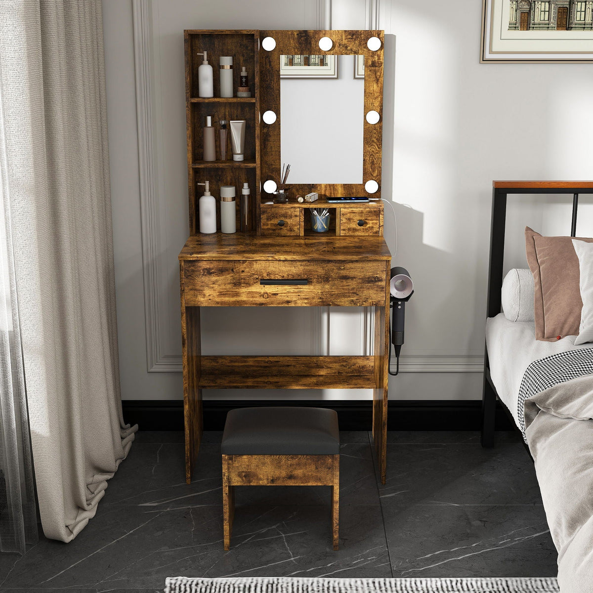 Vanity set with mirror in warm wood, LED-lit frame and power outlet, open shelves and drawers on Tampa Home & Garden Store