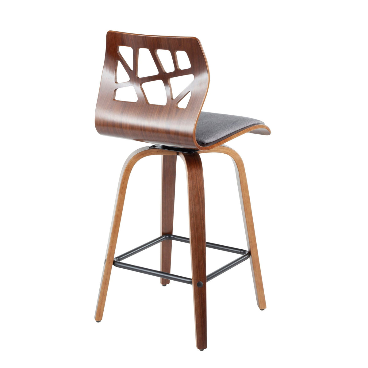 Mid-Century Modern Counter Stool with Swivel gray upholstered seat and wood backrest with cutouts on Tampa Home & Garden Store
