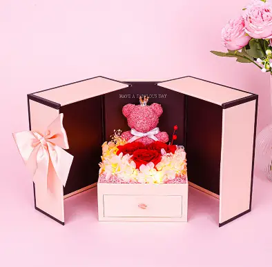 Little Bear Preserved Fresh Flower Gift Box by FLIPSTYLEZLLC, pink box with white drawer and rose bouquet on Tampa Home & Garden Store