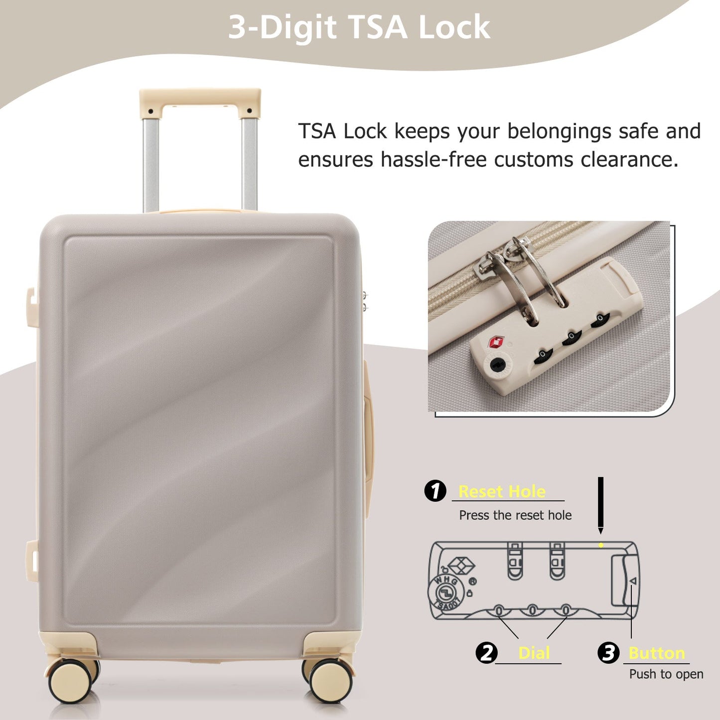 3 Piece Lightweight ABS Luggage Set HouseOfZazla taupe hard-shell suitcase with TSA lock and spinner wheels on Tampa Home & Garden Store
