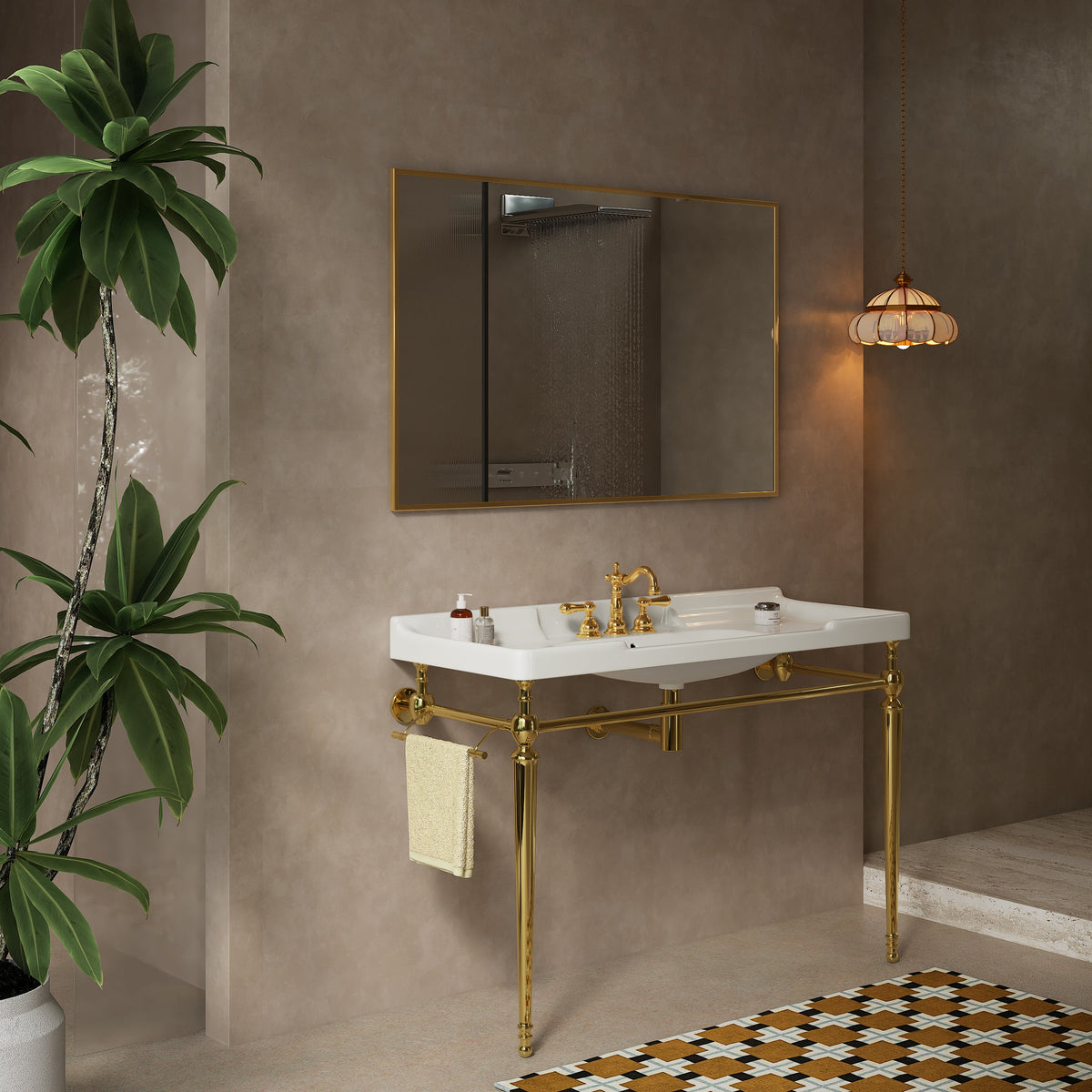 Vici 48 inch bathroom console sink with gold legs, white basin, brass faucet, gold-framed mirror on Tampa Home & Garden Store