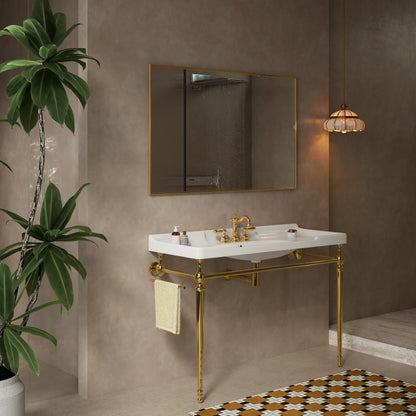 Vici 48 inch bathroom console sink with gold legs, white basin, brass faucet, gold-framed mirror on Tampa Home & Garden Store