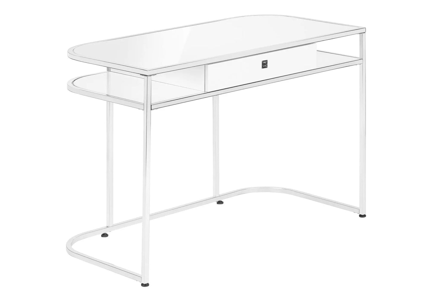 White computer desk by Unique Piece Furniture with chrome frame and center drawer on Tampa Home & Garden Store