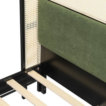 Queen size bed frame with plush green headboard, black metal frame and woven cane detail on Tampa Home & Garden Store