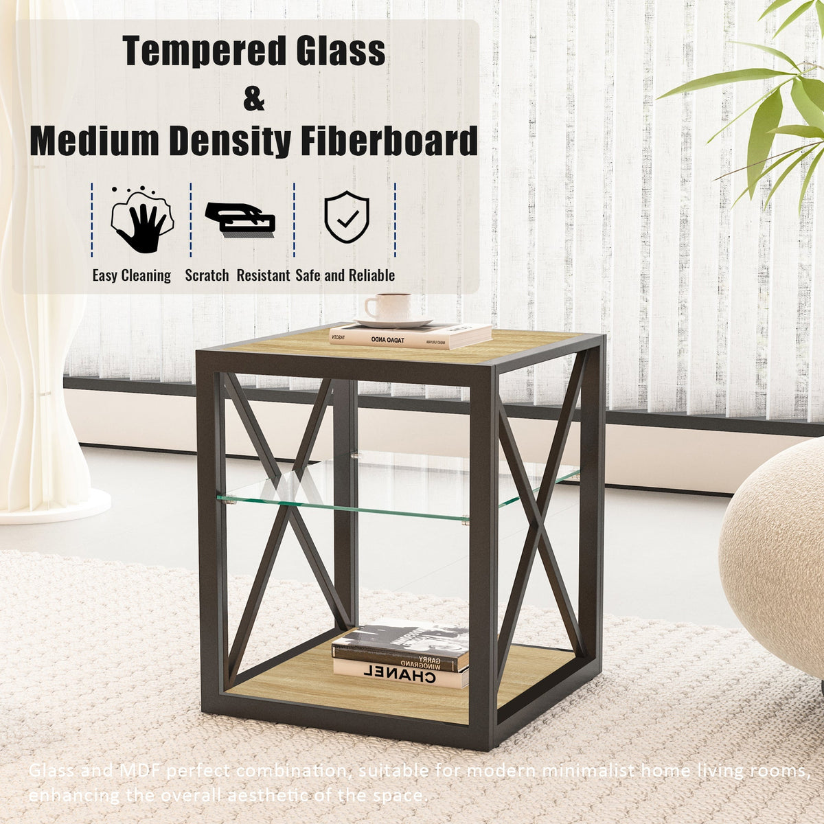 1-Piece modern end table with tempered glass shelf and MDF top, black metal frame HouseOfZazla on Tampa Home & Garden Store