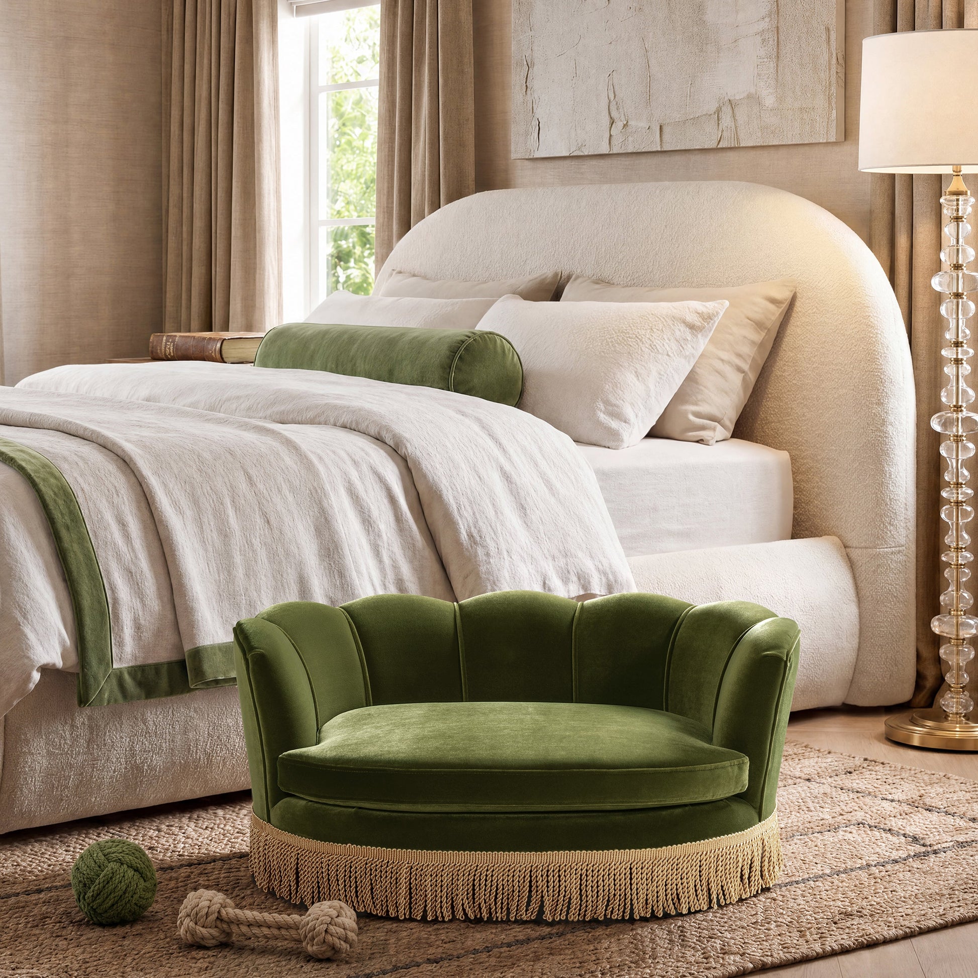 Clara 34.5in scalloped pet sofa bed in olive velvet with fringe trim, medium by HouseOfZazla on Tampa Home & Garden Store