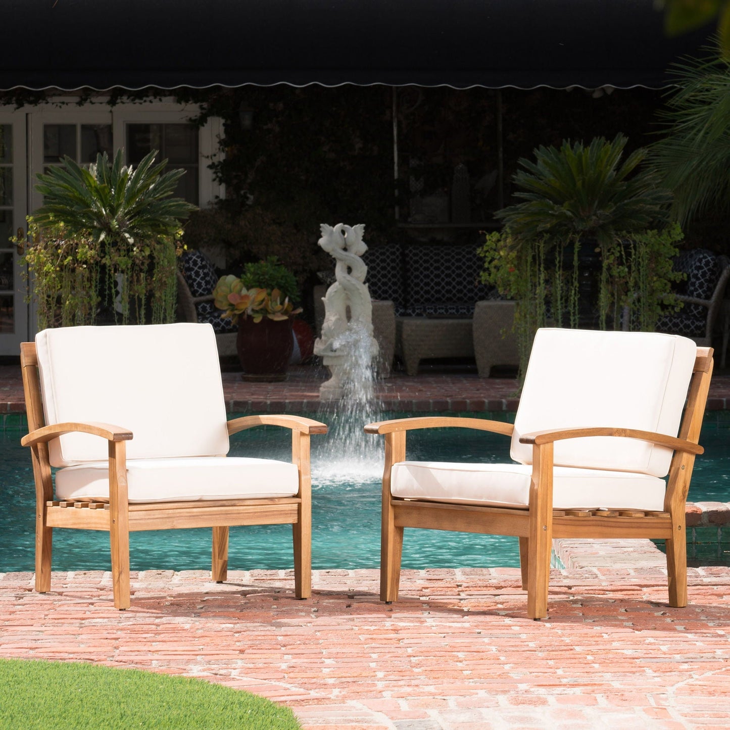 HouseOfZazla Outdoor Club Chair with Cream Cushions on Teak Acacia Wood Frame, Set of 2 on Tampa Home & Garden Store