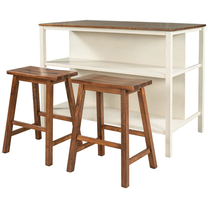 Rustic Kitchen Island and Two Wooden Bar Stools