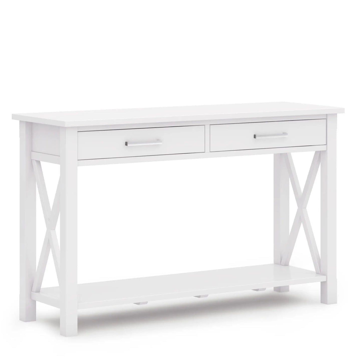 Kitchener handcrafted console table, white finish with two drawers and X-frame legs on Tampa Home & Garden Store