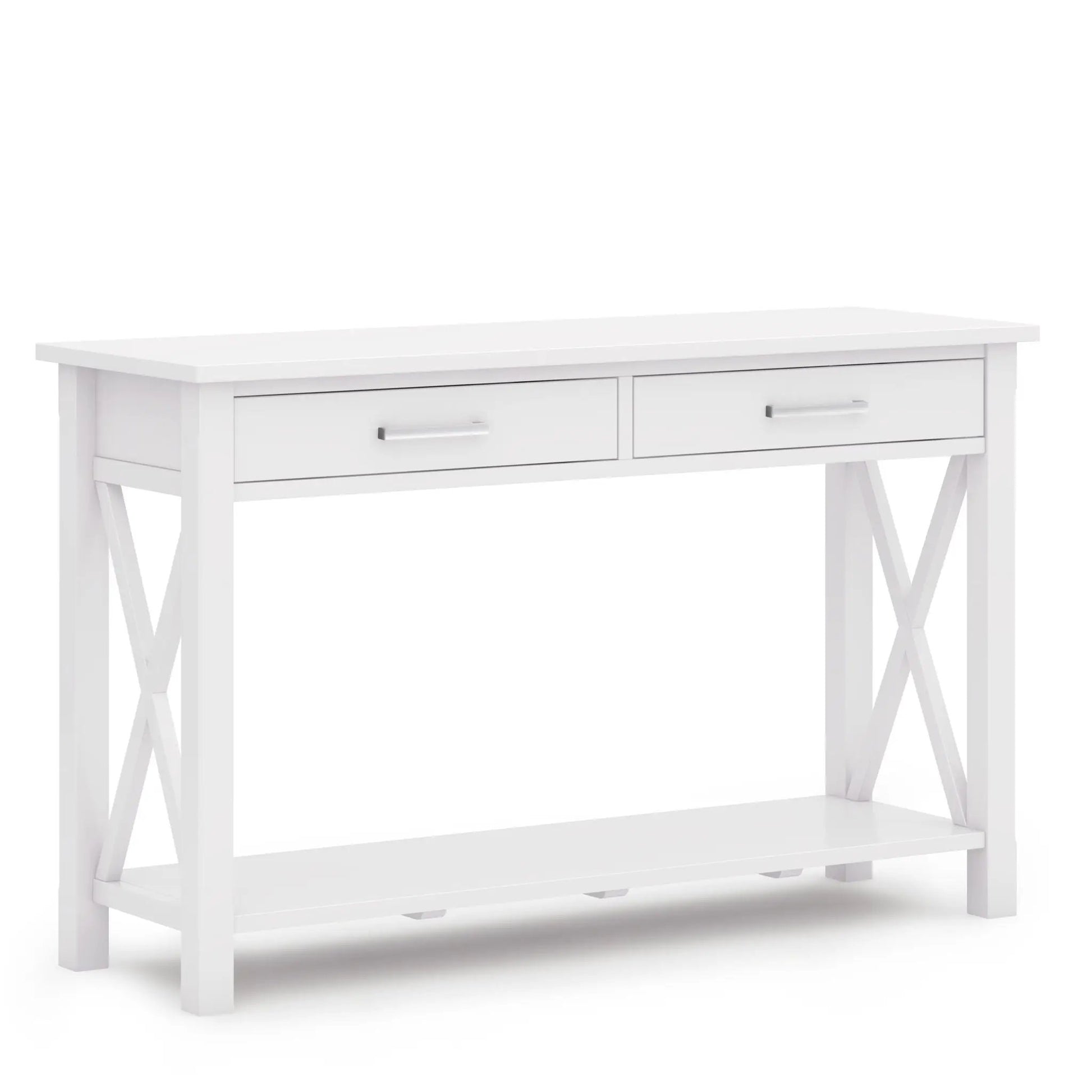 Kitchener handcrafted console table, white finish with two drawers and X-frame legs on Tampa Home & Garden Store