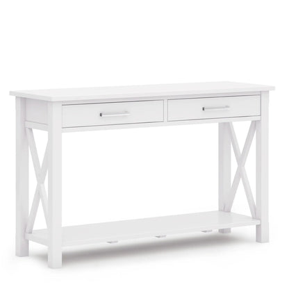 Kitchener handcrafted console table, white finish with two drawers and X-frame legs on Tampa Home & Garden Store