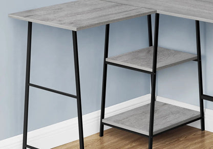 Grey woodgrain L-shaped corner desk with black metal legs and lower shelf Unique Piece Furniture on Tampa Home & Garden Store