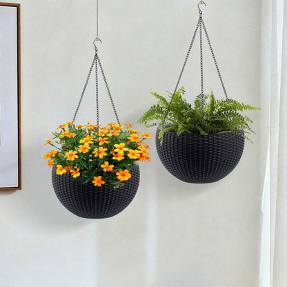 Self Watering Hanging Planter HouseOfZazla, basket with chain hanger, orange blooms and fern on Tampa Home & Garden Store