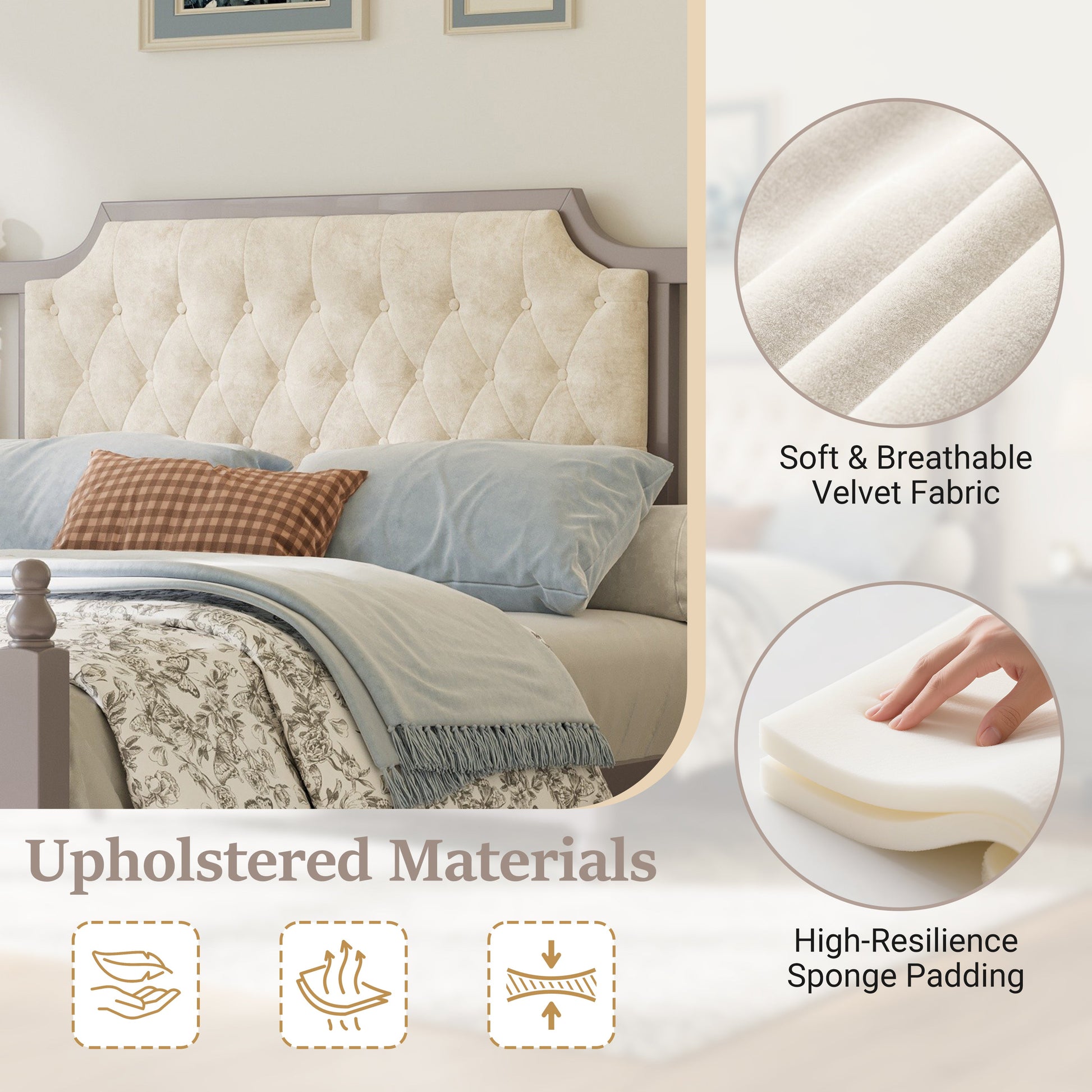 Queen Size Upholstered Platform Bed with Button Tufted Beige Headboard, HouseOfZazla gray frame on Tampa Home & Garden Store