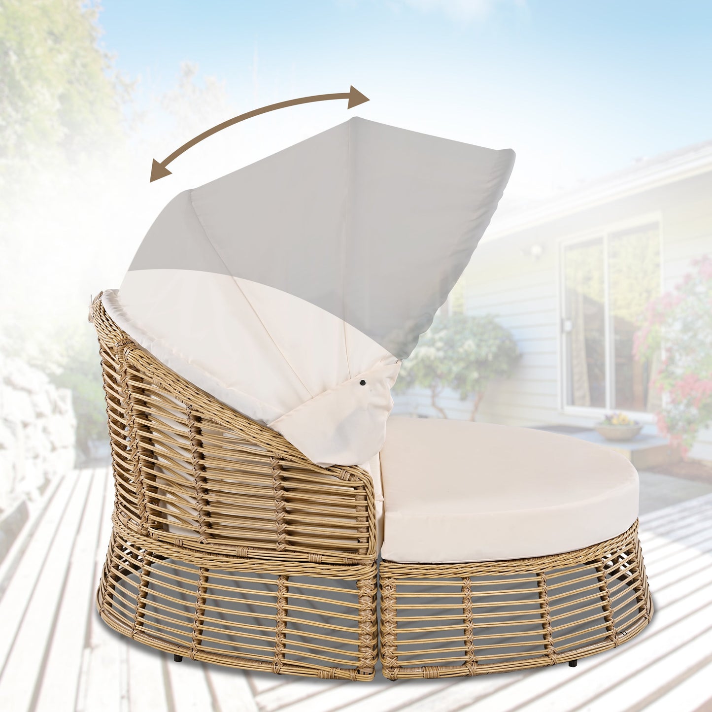 Patio Rattan Round Daybed and Retractable Canopy
