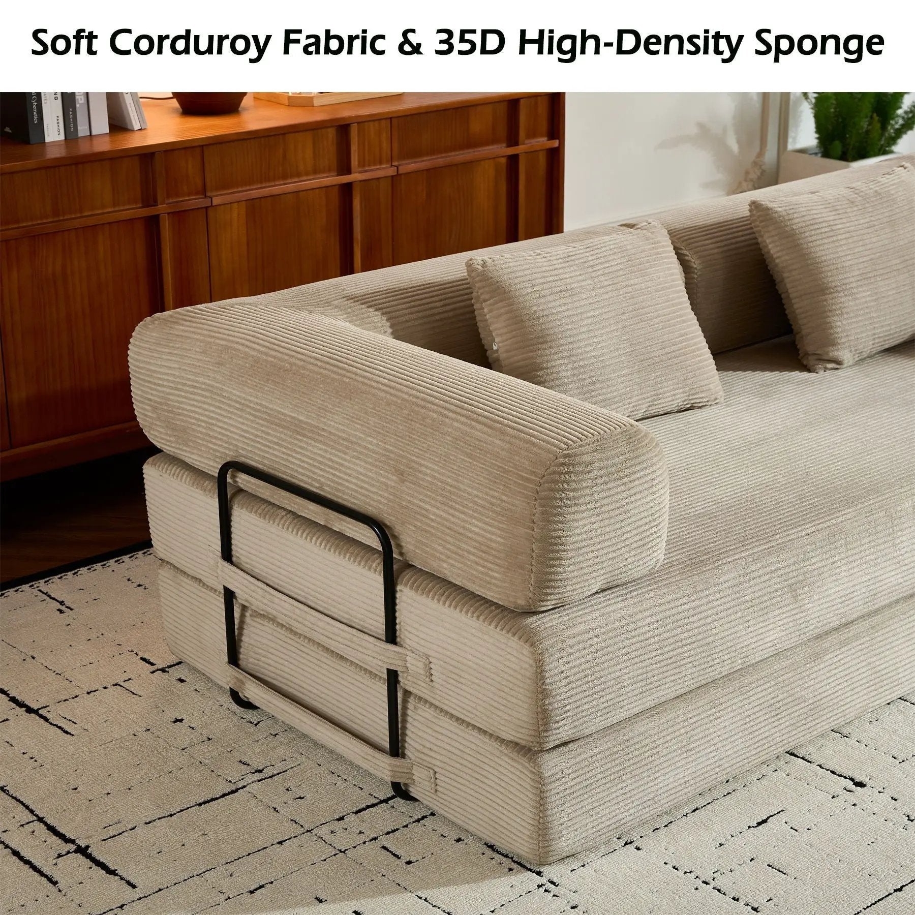Convertible sleeper sofa in beige corduroy fabric with a fixed black metal frame on Tampa Home & Garden Store