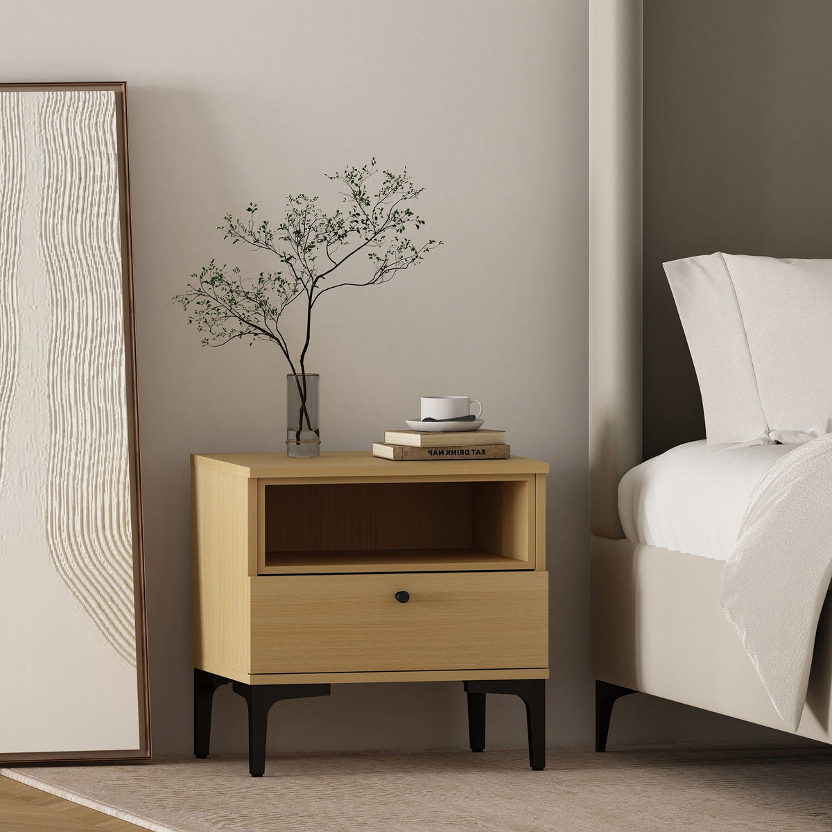 Amara nightstand with 1 drawer in light wood finish and black metal legs, HouseOfZazla on Tampa Home & Garden Store