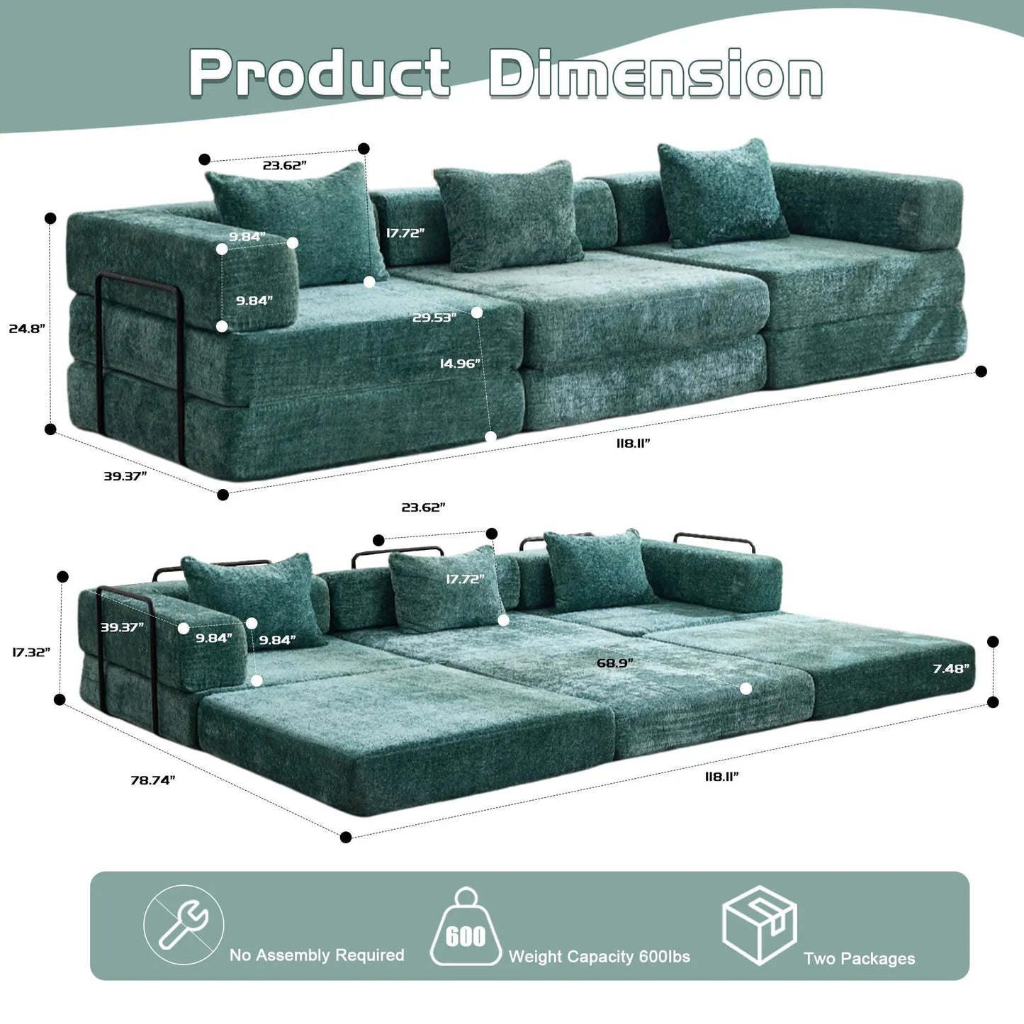 Convertible floor sofa bed futon modular sectional teal by Unique Piece Furniture on Tampa Home & Garden Store