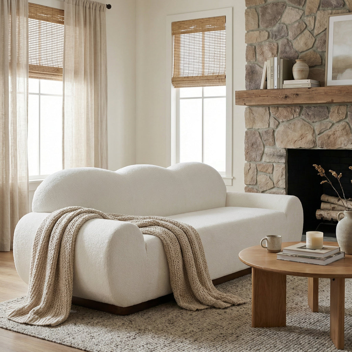 The Cloud Curved 3 Seater Chenille Sofa In Snow