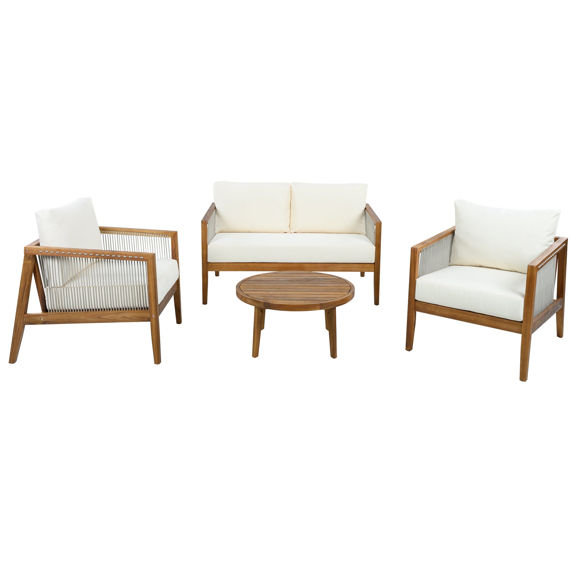 Outdoor 4-Piece Sofa Set acacia wood frame with rope detail, white cushions; sofa, chairs, table on Tampa Home & Garden Store
