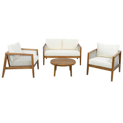 Outdoor 4-Piece Sofa Set acacia wood frame with rope detail, white cushions; sofa, chairs, table on Tampa Home & Garden Store