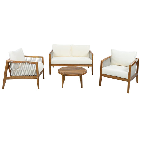 Outdoor 4-Piece Sofa Set acacia wood frame with rope detail, white cushions; sofa, chairs, table on Tampa Home & Garden Store