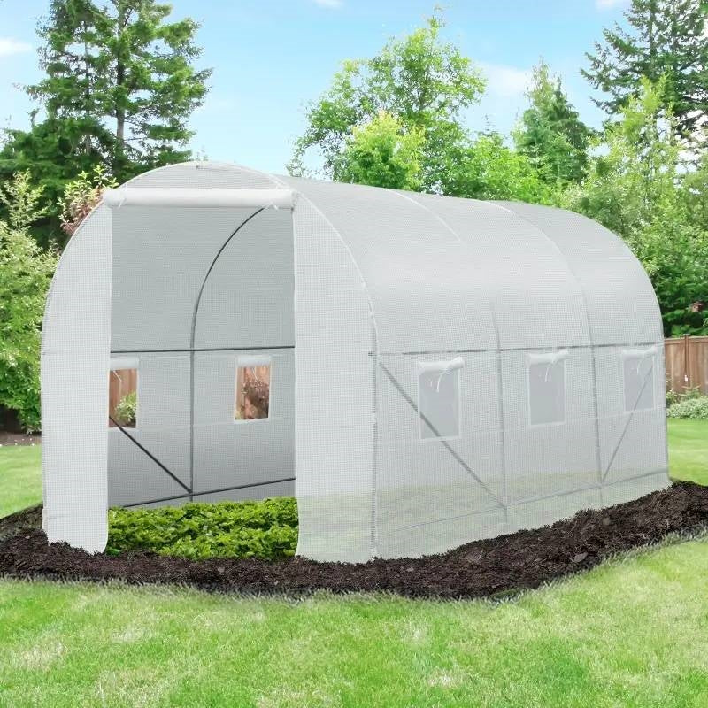 14.7 Ft x 6.5 Ft Outdoor Greenhouse w/ Heavy Duty Steel Frame and White PE Cover - Tampa Home & Garden Store