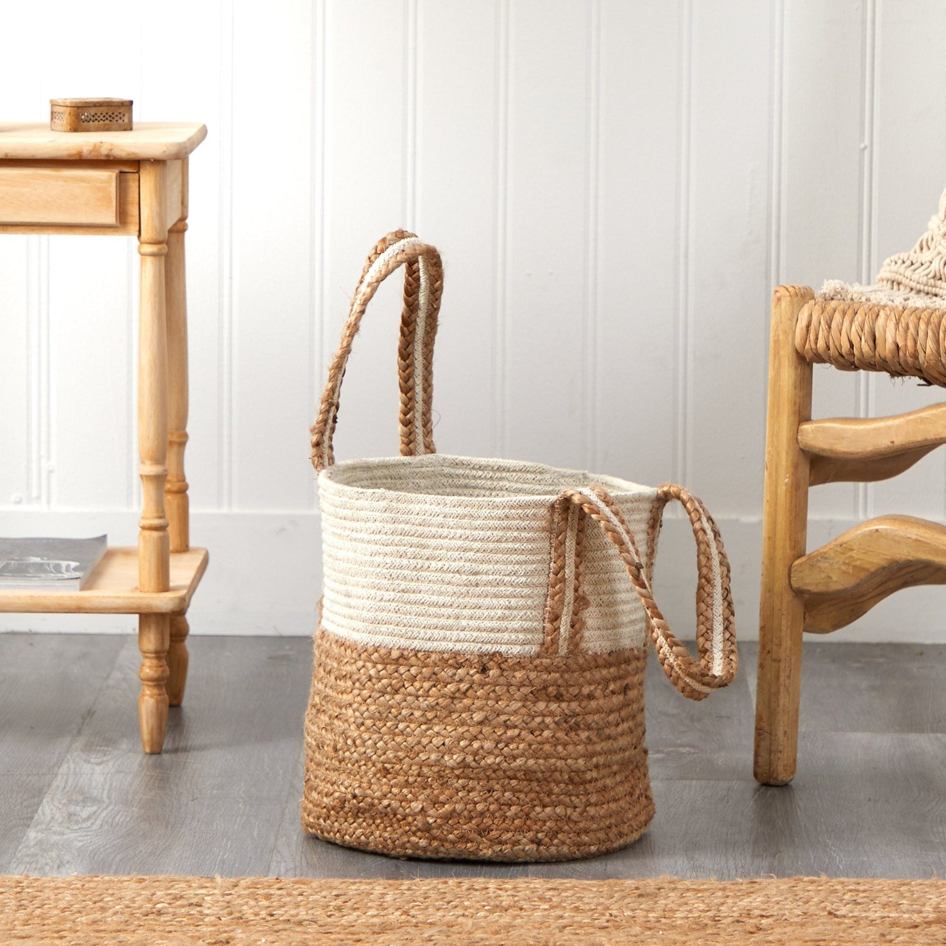 14” Boho Chic Basket Natural Cotton and Jute with Handles - Tampa Home & Garden Store