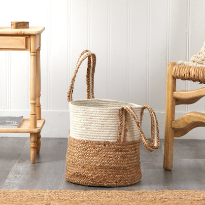 14” Boho Chic Basket Natural Cotton and Jute with Handles - Tampa Home & Garden Store