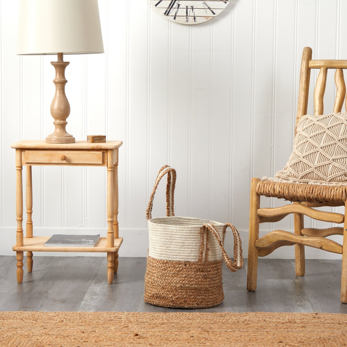 14” Boho Chic Basket Natural Cotton and Jute with Handles - Tampa Home & Garden Store