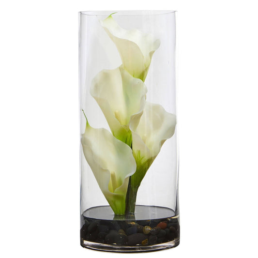 14” Calla Lily Artificial Arrangement in Cylinder Glass - Tampa Home & Garden Store